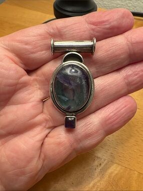 Sterling silver rainbow fluorite and amethyst pendant